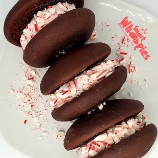 Peppermint Whoopie Pie:
Chocolate Whoopie Pie w/Peppermint Cream &amp; Crushed Peppermints.