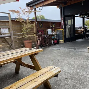 a picnic table and umbrella