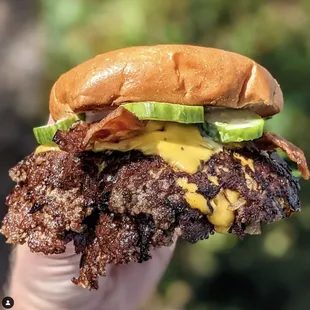 a hand holding a burger