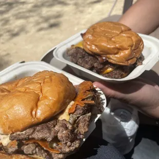 fried-cheese burger and bbq bacon cheeseburger