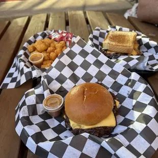 Tater Tots, the Original, and a Patty Melt. Not pictured: 2 puppy patties.