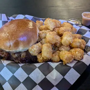 Double Smash Burger w/onions and Tots