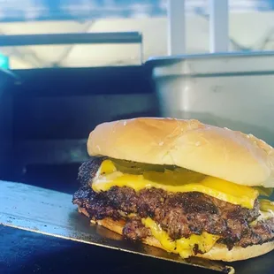 A classic double cheese jalapeño burger