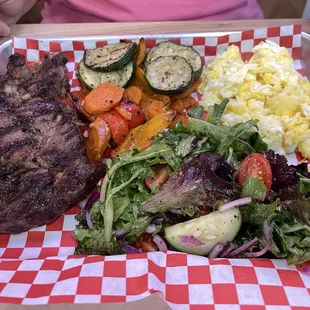 Ribeye with Grilled Vegetables and Scrambled Eggs with Salad
