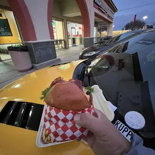 a hand holding a sandwich