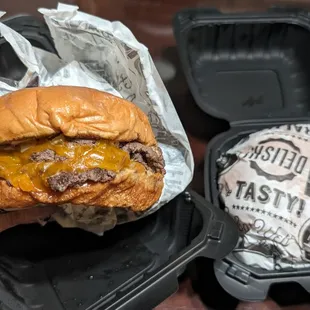 Triple patty smash burger with everything on it