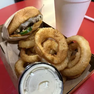 Villain Burger and Onions Rings