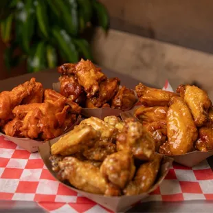 chicken wings and hot dogs
