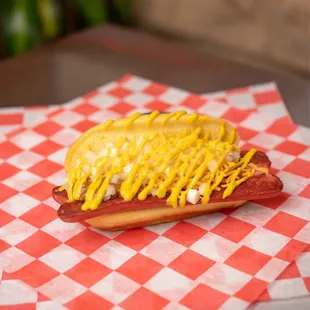 a hot dog with mustard and ketchup