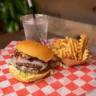 a cheeseburger and fries