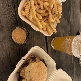 Oklahoma smash and crinkle fries from Smash That Burger Co paired with the hazy from Rooftop brewing.