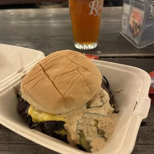 Smashed burger. Beer from Rooftop.