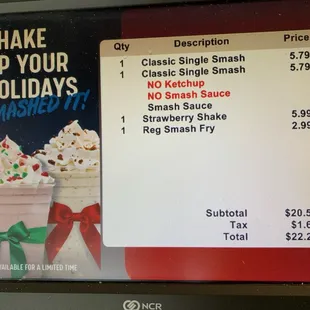 The charge on the receipt did not match this. The receipt showed $24.69. Overcharged by $1.83. Pay close attention to your receipt.