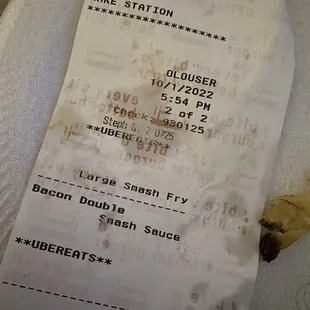 the receipt for the burger