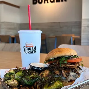 Burger and Brussels sprouts