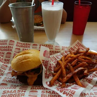 Spicy cowboy, smash sweet potato fries and salted caramel shake