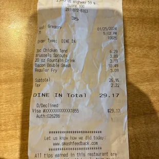 a receipt for a restaurant