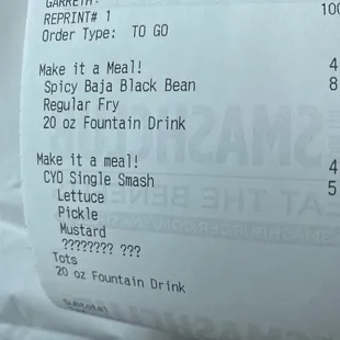 Actual burger and receipt