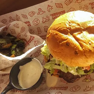 Chorizo Burger (single patty, no cheese), side of sprouts = PERFECT: fresh, great balance of texture and heat.