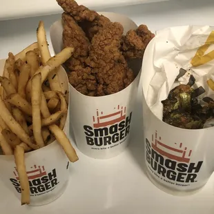 Regular Smashfries, 5 piece Chicken Tenders, Crispy Brussels Sprouts