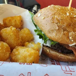 Bacon Avocado club burger with smashtots