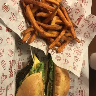 Classic Black Bean Burger with sweet potato fries.