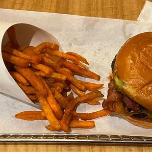 SMOKED BACON BRISKET BURGER and LARGE SWEET POTATO FRIES $17