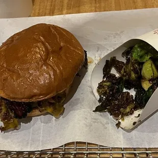 SMOKED BACON BRISKET BURGER and CRISPY BRUSSELS SPROUTS $17