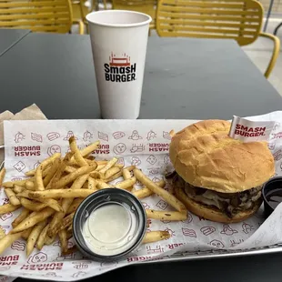 Double mushroom Swiss, small side of fries, and small $3 drink. $19 plus $2 tip for this. Unbelievable.