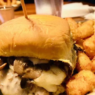 MUSHROOM SWISS SMASHED with Side TATER TOTS