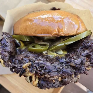 Mostly bread and tasty sauce.  Super thin double patties and burnt.