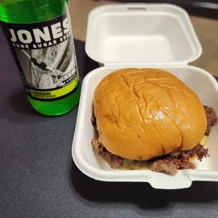 Butterface burger and Jones green apple soda