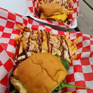 Smashed burger, crab cakes and the loaded queso fries!