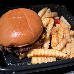 a hamburger and french fries