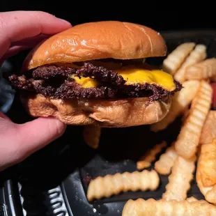 a hand holding a cheeseburger and french fries