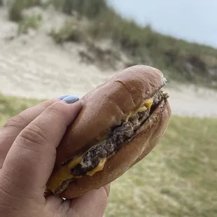 a hand holding a cheeseburger