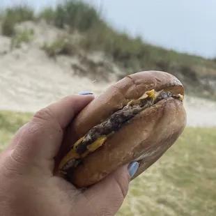 a hand holding a sandwich