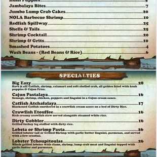the menu of the restaurant