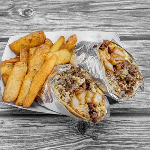 wo burritos and french fries