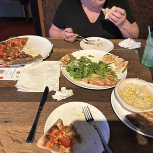 Pepperoni and meatball pizza with house salad and artichoke dip. Amazing!!!!