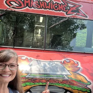 My wife in front of the SmashwicheZ food truck