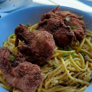 Chicken tenders with garlic noodles