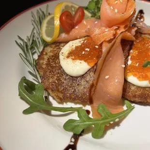 Potato Pancakes with smoked salmon, dill sauce and red caviar