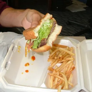 a hand holding a sandwich and fries