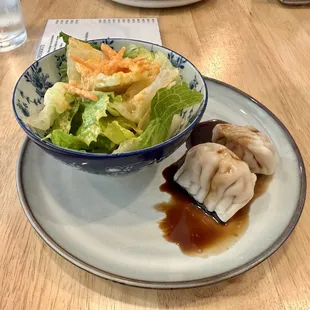 Side salad and two shrimp dumplings