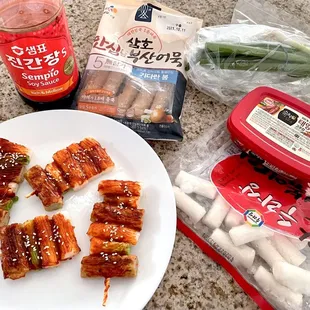 Using ingredients from here to whip up some tteok kkochi (rice cake skewers). :) Surface of rice cakes get super crispy when pan fried!