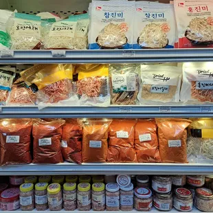 Dried Squid, Cuttlefish, and Fish. Korean Red Pepper and Chili Powder. Salted Shrimp. Photo taken 6/4/23.