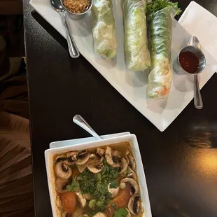 Spring Rolls. Shrimp soup.