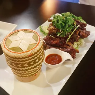 a plate of food and a drink