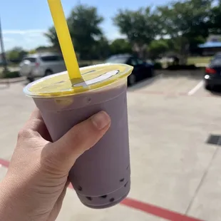 Medium size taro milk tea with boba